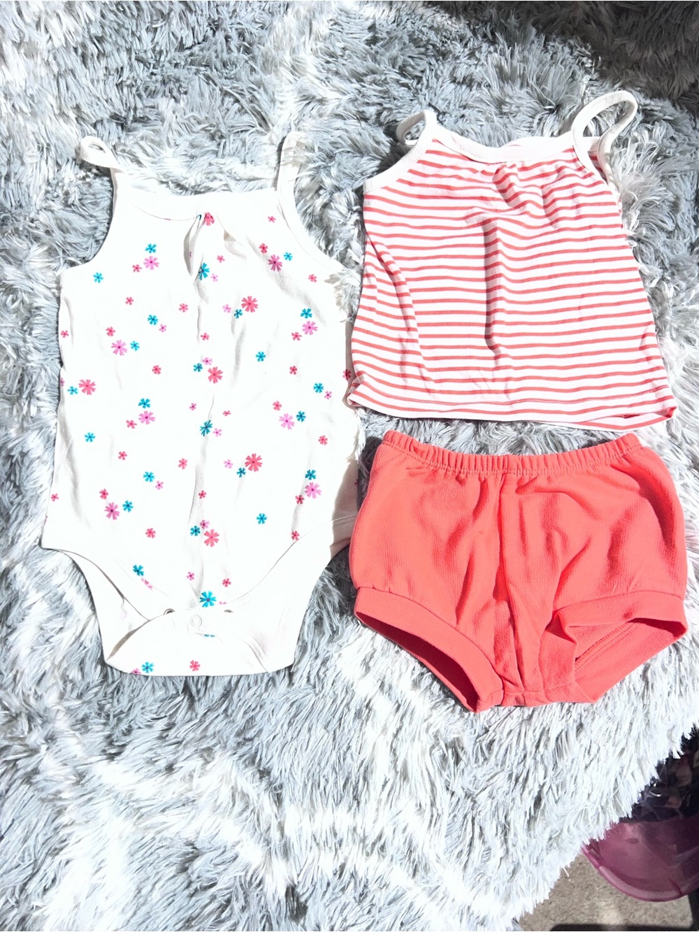 3 piece Baby Stripe Tank & Onesie Set in White and Coral
